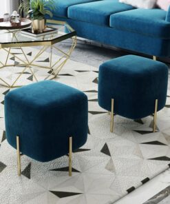 Square Navy Velvet With Metal Legs Ottoman Stool A0101-0012